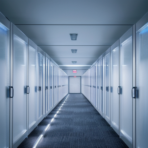 Data center corridor with secure infrastructure lights, no people